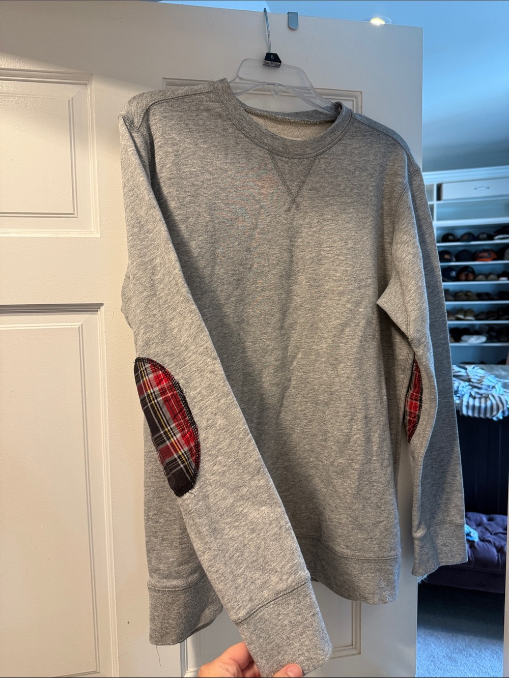 Burton Gray Crewneck Sweatshirt with Red Plaid Elbow Patches